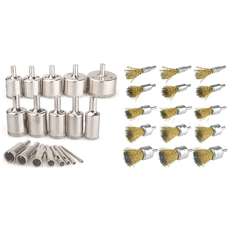 

18 Pcs Diamond Hole Saws Hollow Core Drill Bits Set 4-50Mm & 15 Pcs Wire Wheel Cup Brush Set With 1/4 Inch Round Shank