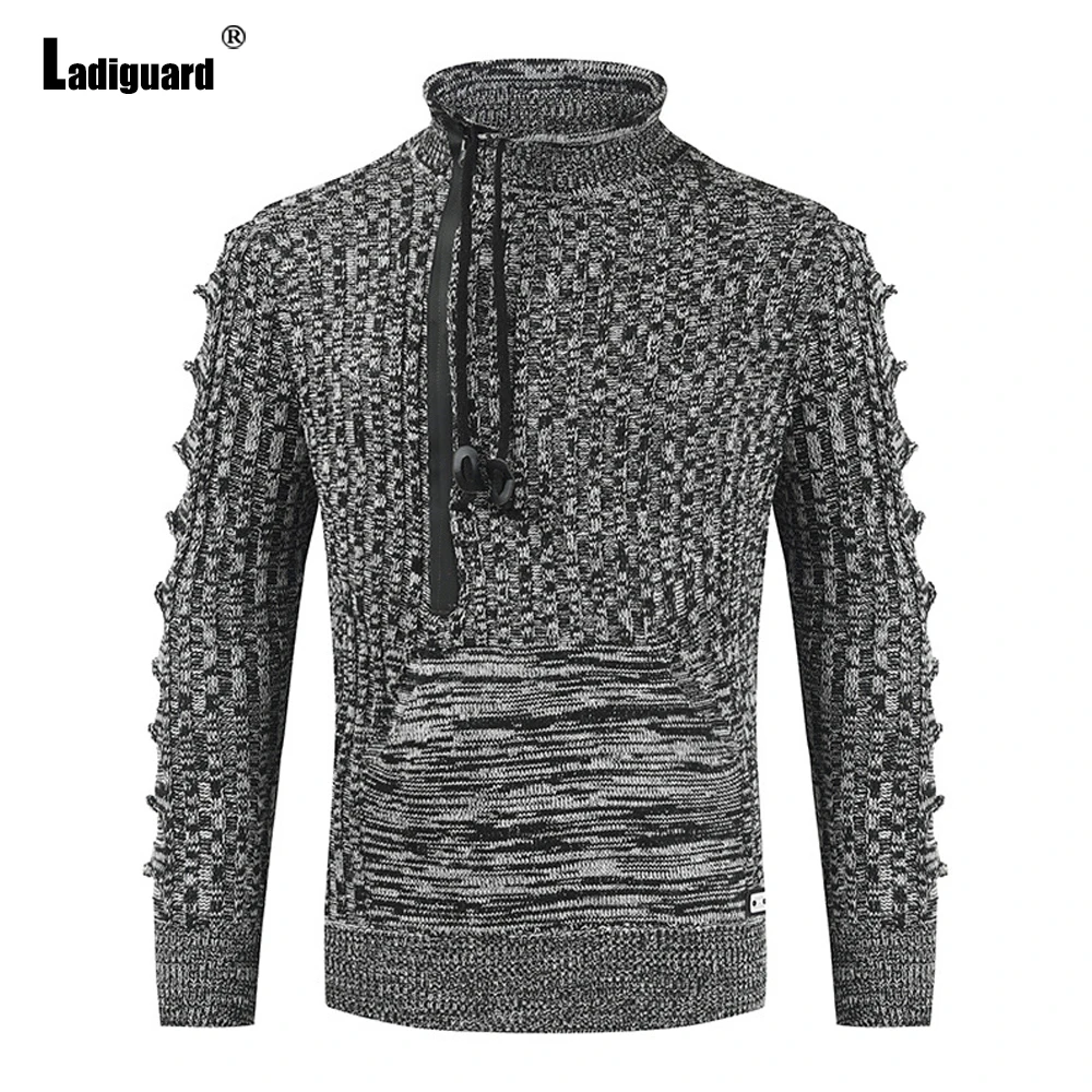 Ladiguard Plus Size Men Fashion Lace-up Sweater Sexy Ruched Mens Knitwear 2022 Vintage Stand Pocket Top Casual Knitted Pullovers