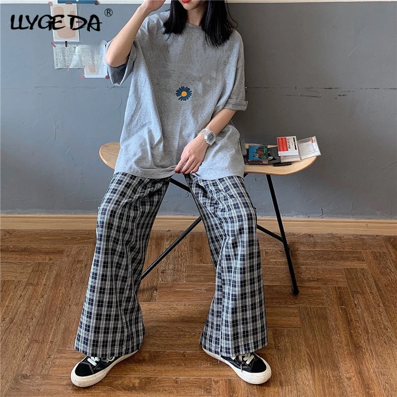 

Plaid Loose Student Casual Women's Pants Solid Wide Leg Cropped Trousers For Female 2021 Spring Summer Korean New Women Cloths