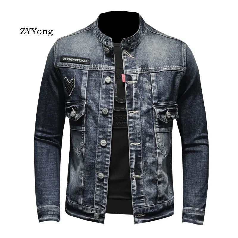 New Spring European Style Stand Collar Single Breasted Bomber Pilot Blue Denim Jacket Men Jean Coat Motorcycle Casual Clothing
