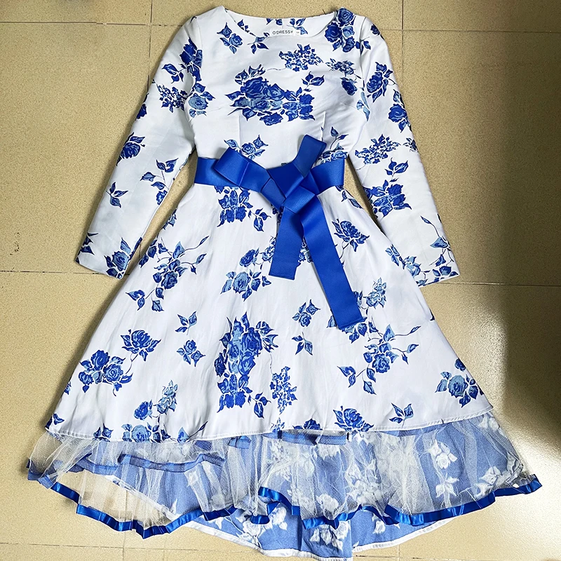 

Женское платье с круглым вырезом, длинным рукавом и поясом, асимметричное бальное платье с вышивкой, осень 2021