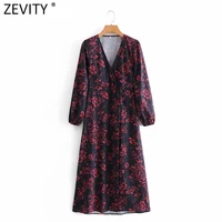zevity women elegant cross v neck floral print casual midi dress female long sleeve buttons kimono vestidos party dresses ds4798