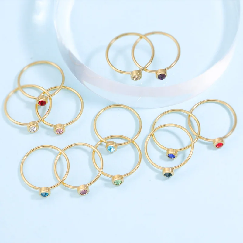 

Simple 12 Colors Birthstone Ring Women Tiny Rhinestone Birth Stone Rings Stainless Steel Birthday Jewelry