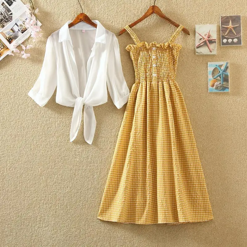 

2021 Summer New Women Casual Plaid Buttons Strap Dress and Solid Color Blouse Women Dress Suits Fashion Female 2 Piece Sets Q203