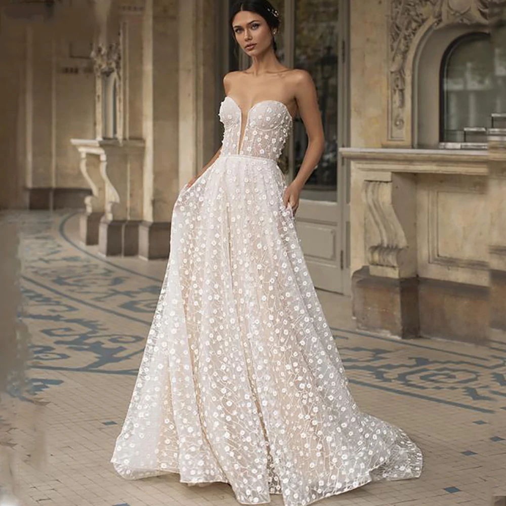 

Charming Bohemian Sweetheart Wedding Dress A-Line Backless Sleeveless Polka Dot Court Train Bridal Gowns 2021 Vestido De Noiva