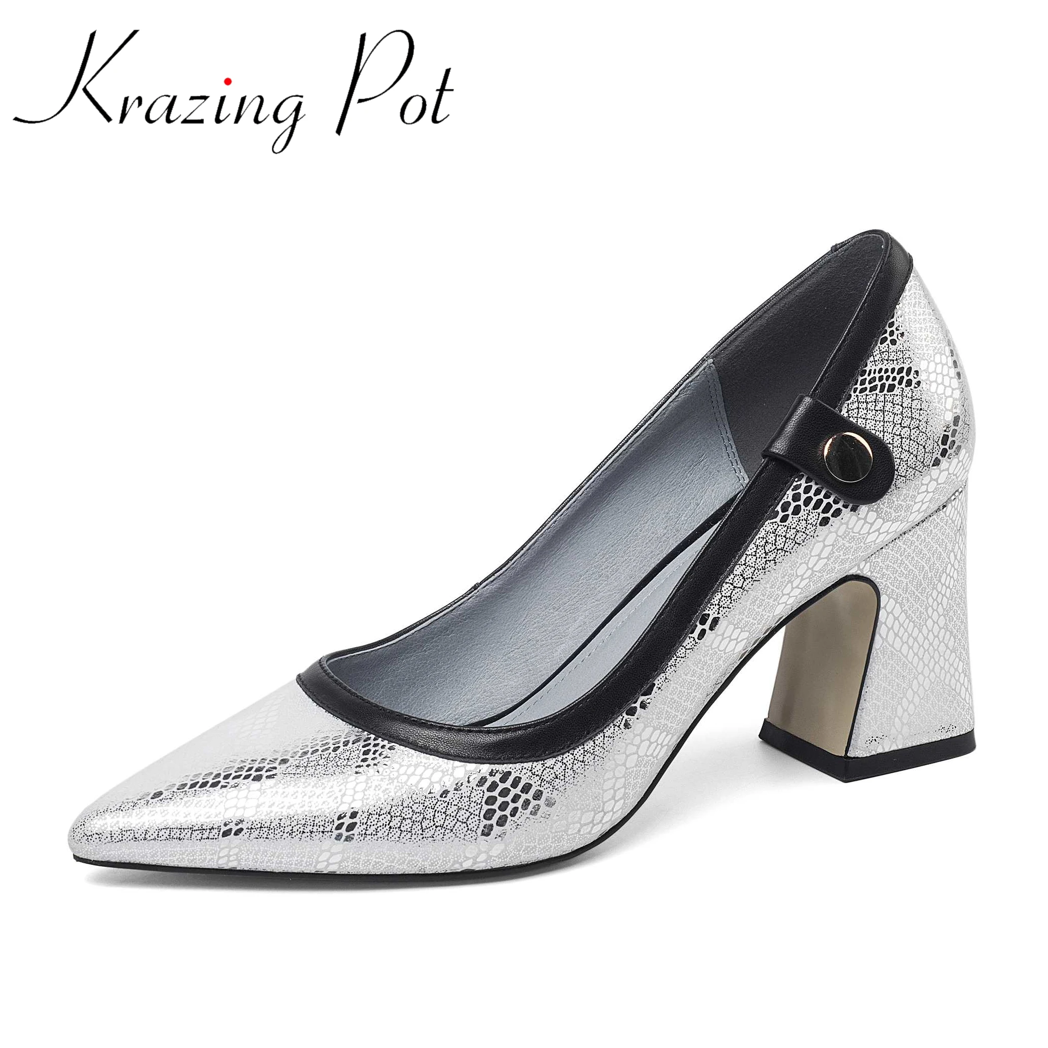 

Krazing pot large size genuine leather snack pattern pointed toe high heels high fashion metal fashion shallow summer pumps L30