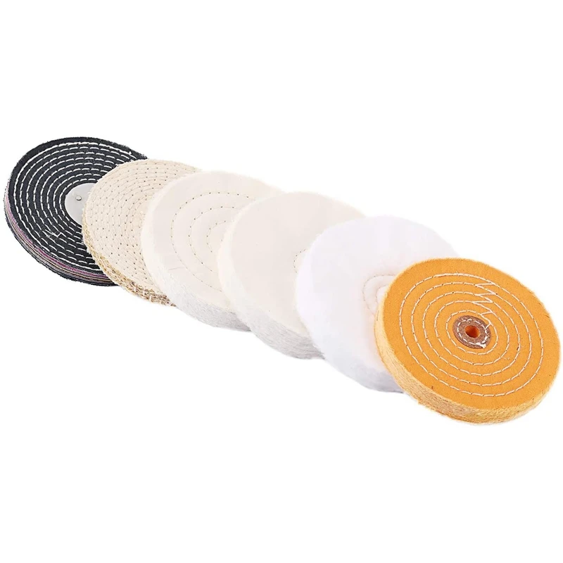 

6PCS 6 Inch Cotton Polishing Wheel Set for Bench Grinders or Drill Bits-White + Yellow + Black Retail