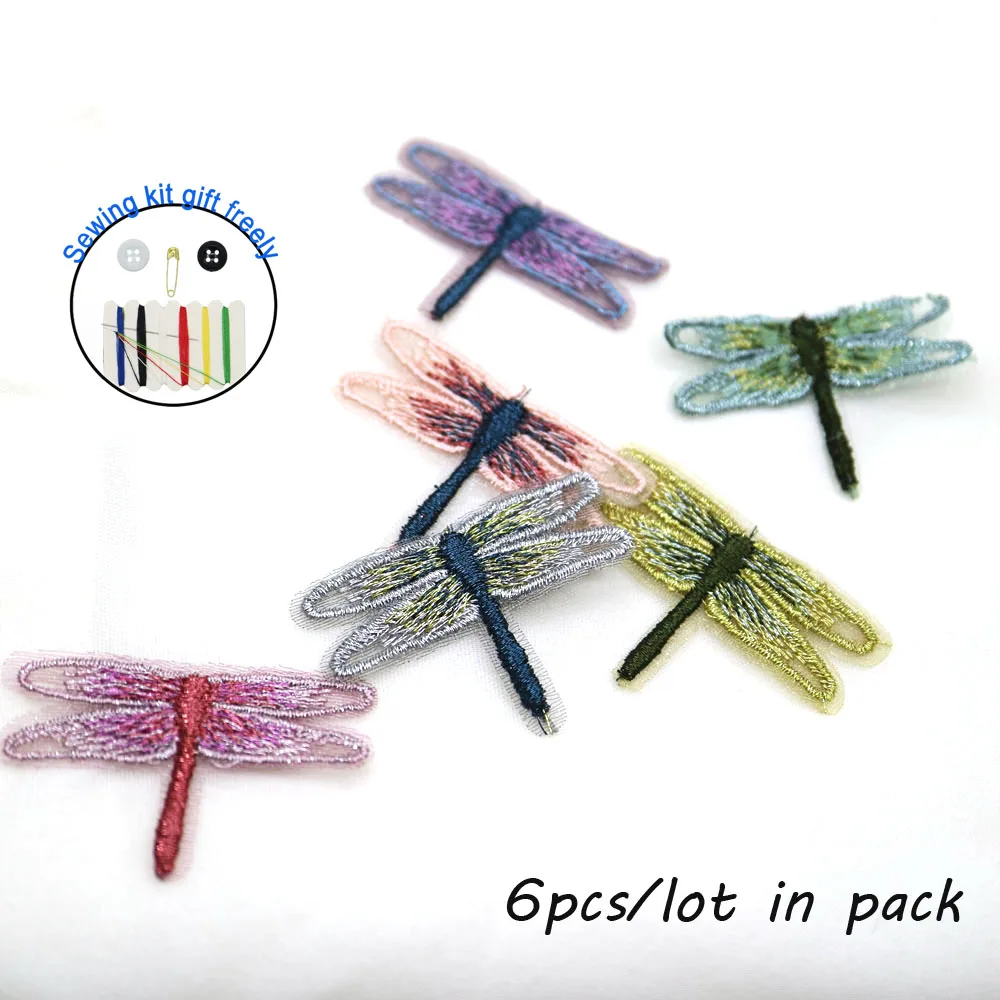 

6pc/lot Fashion small dragonfly embroidery Patches for clothing DIY colorful sew on cute parches applique for clothes