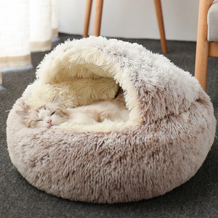

Hot Plush Round Cat Bed Cat Warm House Soft Long Plush Pet Dog Bed For Small Dogs Cat Nest 2 In 1 Pet Bed Cushion Sleeping Sofa