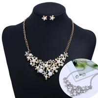 new style 2 colors luxury elegant gift party wedding bridal jewelry imitation pearl diamond flower necklace earring set hot sell