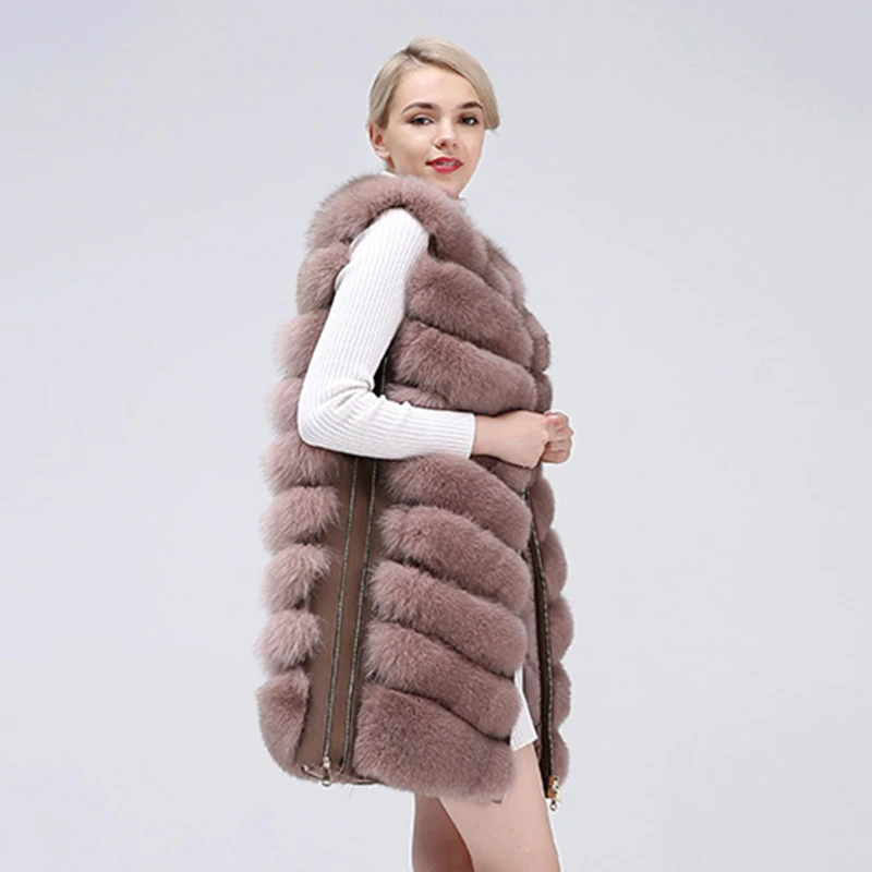 Natural Women's Fox Fur Coat Vest New Zipper Long Coat Winter Warm Coat Natural Fur True Fox Vest Jacket Free Shipping