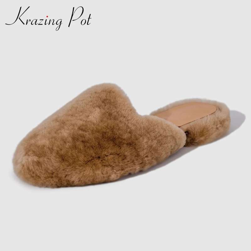 

Krazing pot autumn winter hot sale keep warm outside slipper lambswool round toe low heel fashion cozy slip on shoes women L82