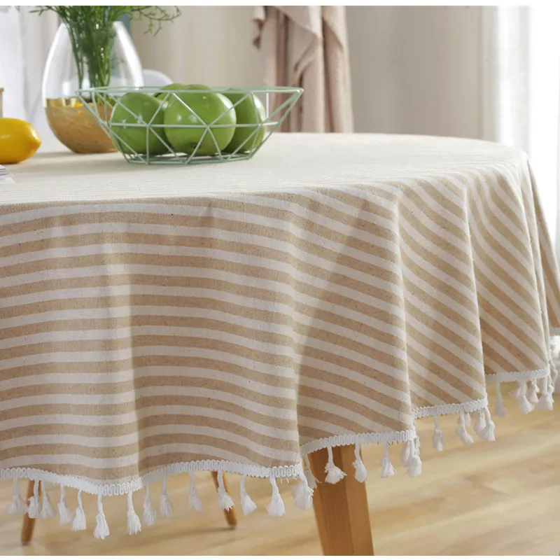 Simple Round Cotton and Linen Striped Tassel Tablecloth Coffee Table Cover Towel Wedding Satin |