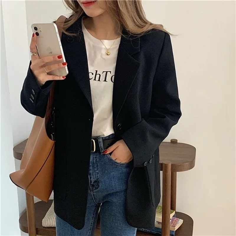 

2021 Spring Autumn New Korean Style Blazer Jacket Solid Color Single Breasted Loose Long Sleeve Suit Casual Coat Outerwear