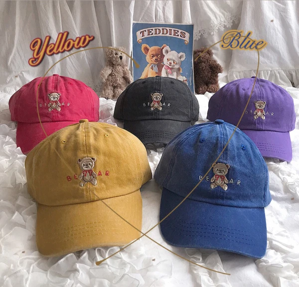 

6 Colors Bear Vintage Feel Women's Girl's Baseball Hat Cap Washed Old Feel Cute Hat