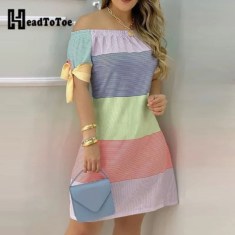 

Striped Print Colorblock Off Shoulder Casual Dress Women
