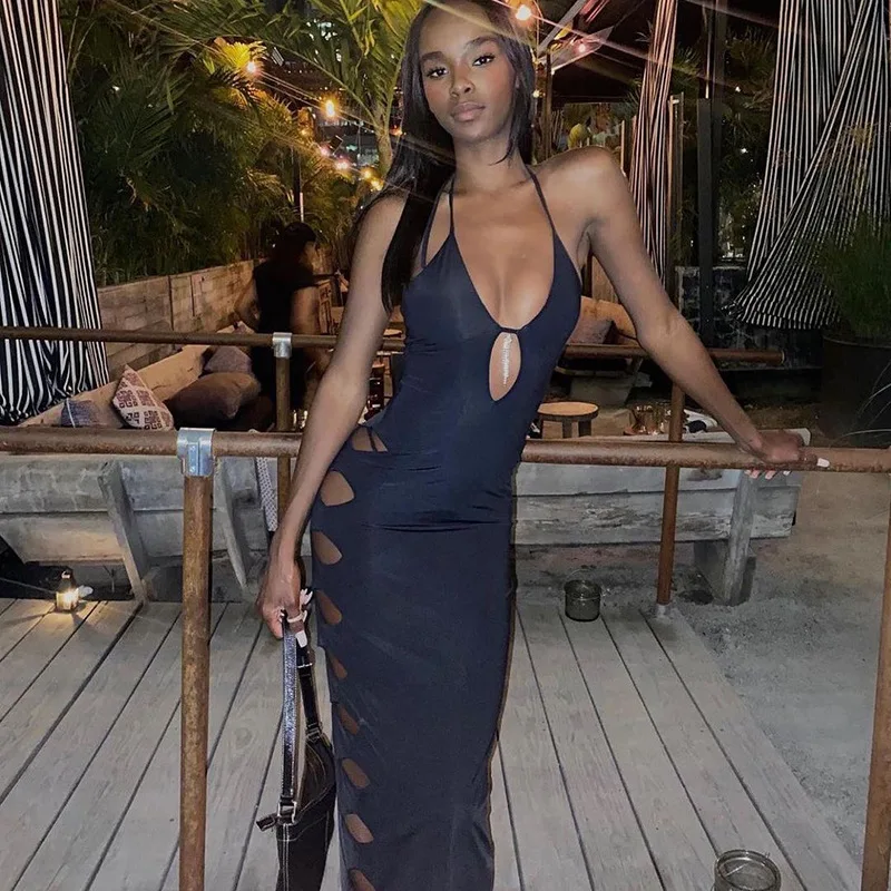 

New Deep V Hollow Lace-up Halter Halter Dress Women's Dress