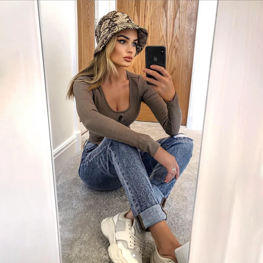 Streetwear Button Front Ribbed Knit U-Neck Single-breasted Crop Tee Autumn Lady Workwear Women Long Sleeve Short Tshirt Top Chic | Женская