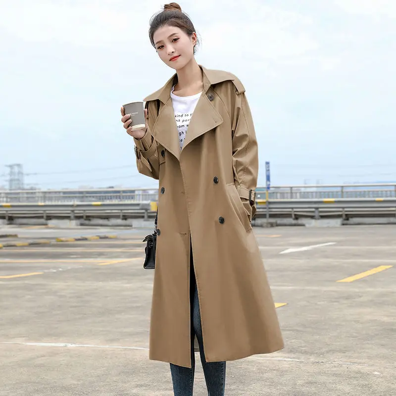 

LY VAREY LIN Spring Autumn Women Fashion Slim Turn-down Collar Double Breasted Long Trench Lady Solid Color Jacket with Belt