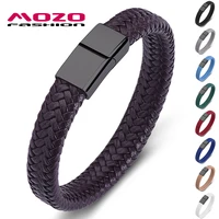 fashion punk male jewelry brown braided leather bracelet black stainless steel magnetic clasp women bangles