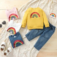 2pcs infant casual outfits baby girls rainbow letter pattern long sleeve round neck pullover tops pockets ripped jeans