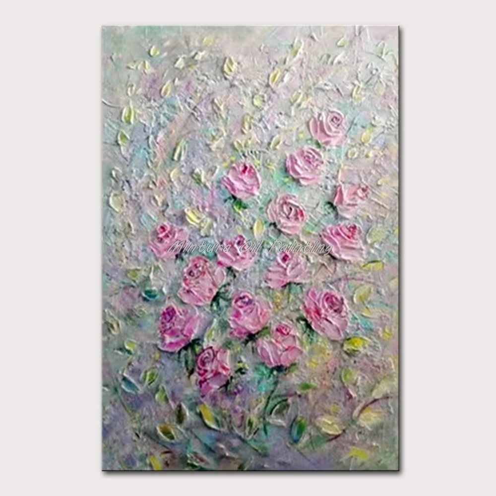 

Mintura Wall Picture for Living Room Oil Paintings on Canvas Hand Painted Lots of Pink Roses Hotel Decoration Wall Art No Frame