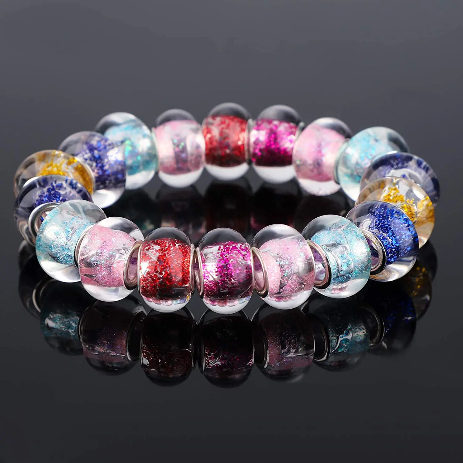 

10Pcs New Color Glitter Murano Charms Shiny Surface Large Hole Round Spacer Beads Making Bulk Fit Pandora Bracelet Women Jewelry