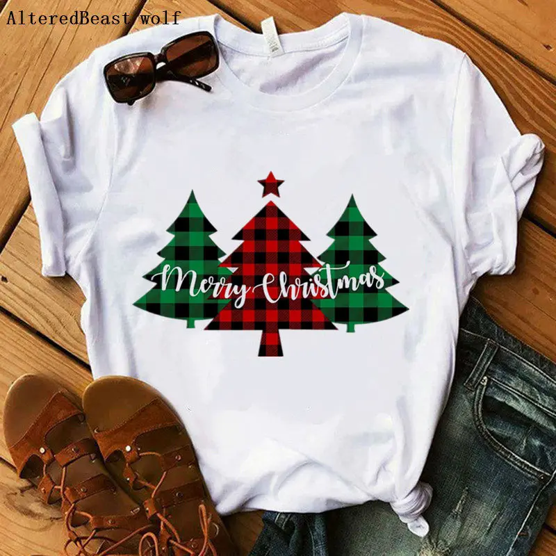 

Christmas tshirt women plaid tree print christmas T Shirt female white casual short sleeve harajuku women vogue clothes tops