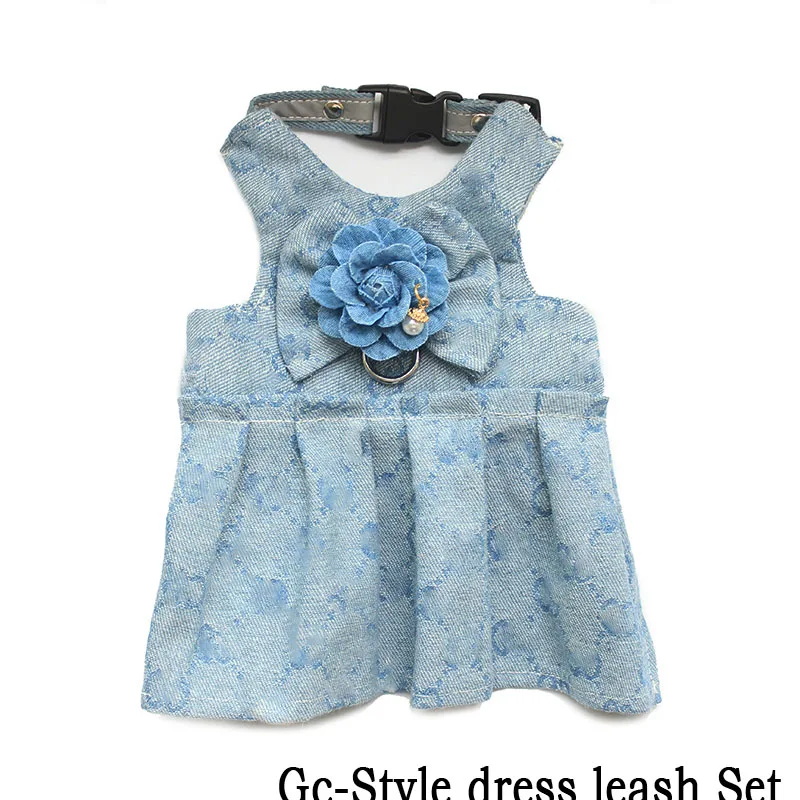 Dress set Роскошная кровать для собаки кошки жгут поводок для собак, поводок для собак, автоматический поводок жилет платье дизайнерские модные регулируемые малых и средних джинсовый для щенков, собак с цветочным принтом жгут - Цвет: Dress set