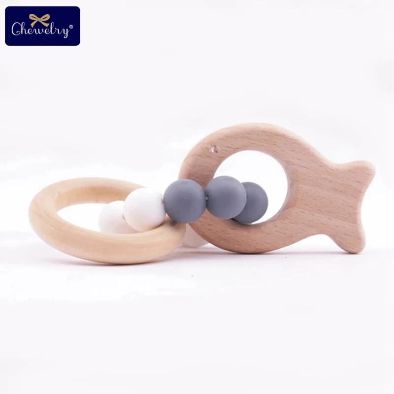 Silicone fish 1 шт., детский браслет Teethe Woden, Ювелирное Украшение из бука, деревянное кольцо, персонализированные детские силиконовые бусины, детская коляска-погремушка, Товары для детей - Цвет: Silicone fish