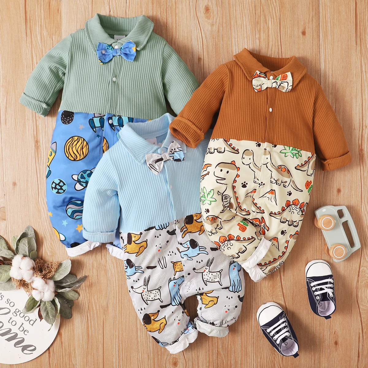 

PatPat Baby Boy Dinosaur Print Lapel Collar Button Design Bow Tie Decor Colorblock Long-sleeve Jumpsuit