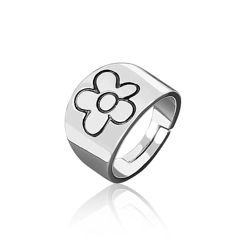 

Vintage Korean Daisy Flower Women Open Ring Wide Metal Silver Color Plated Girl Couple Finger Ring Adjustable Jewelry Party Gift