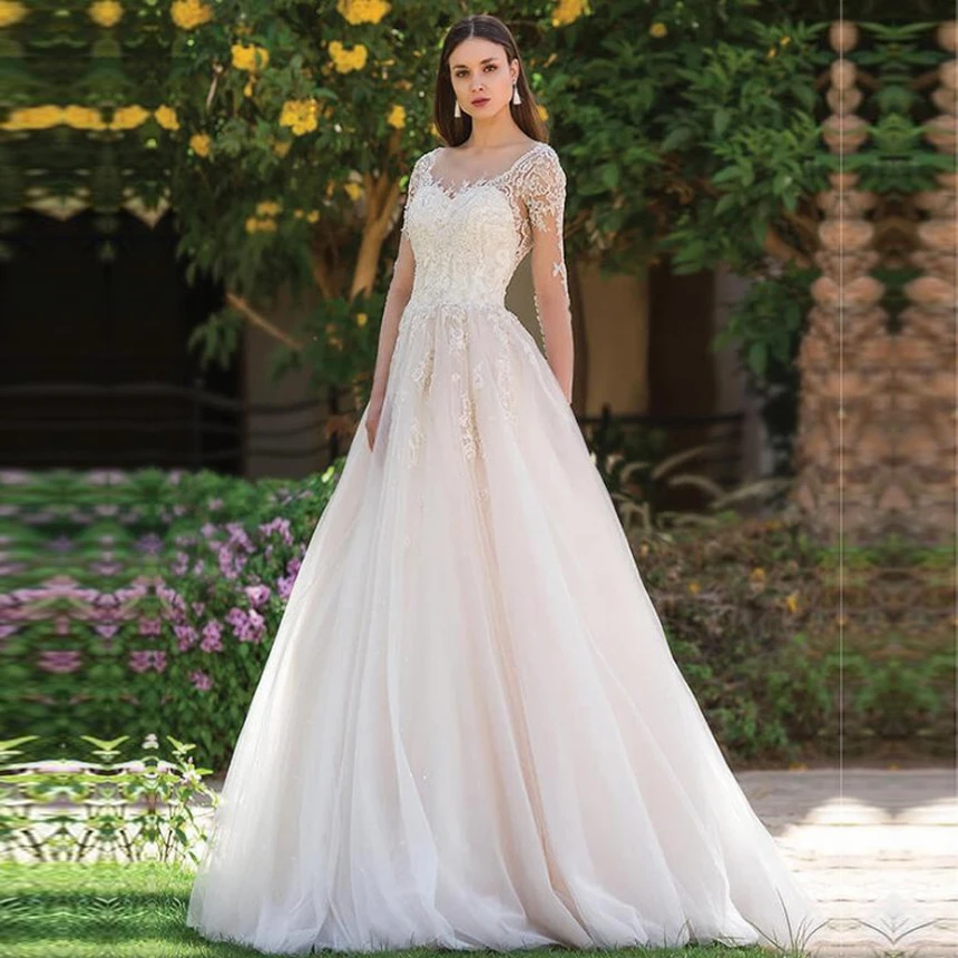 

Женское свадебное платье с длинным рукавом, кружевное платье из фатина с аппликацией, индивидуальный пошив, свадебное платье, 2021