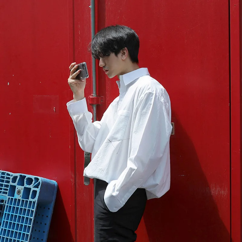 

IEFB Men's White Shirts 2021 Spring New Single Pockets Bright Line Shirt Long Sleeve Korean Streetwear Fashion Tops 9Y6351
