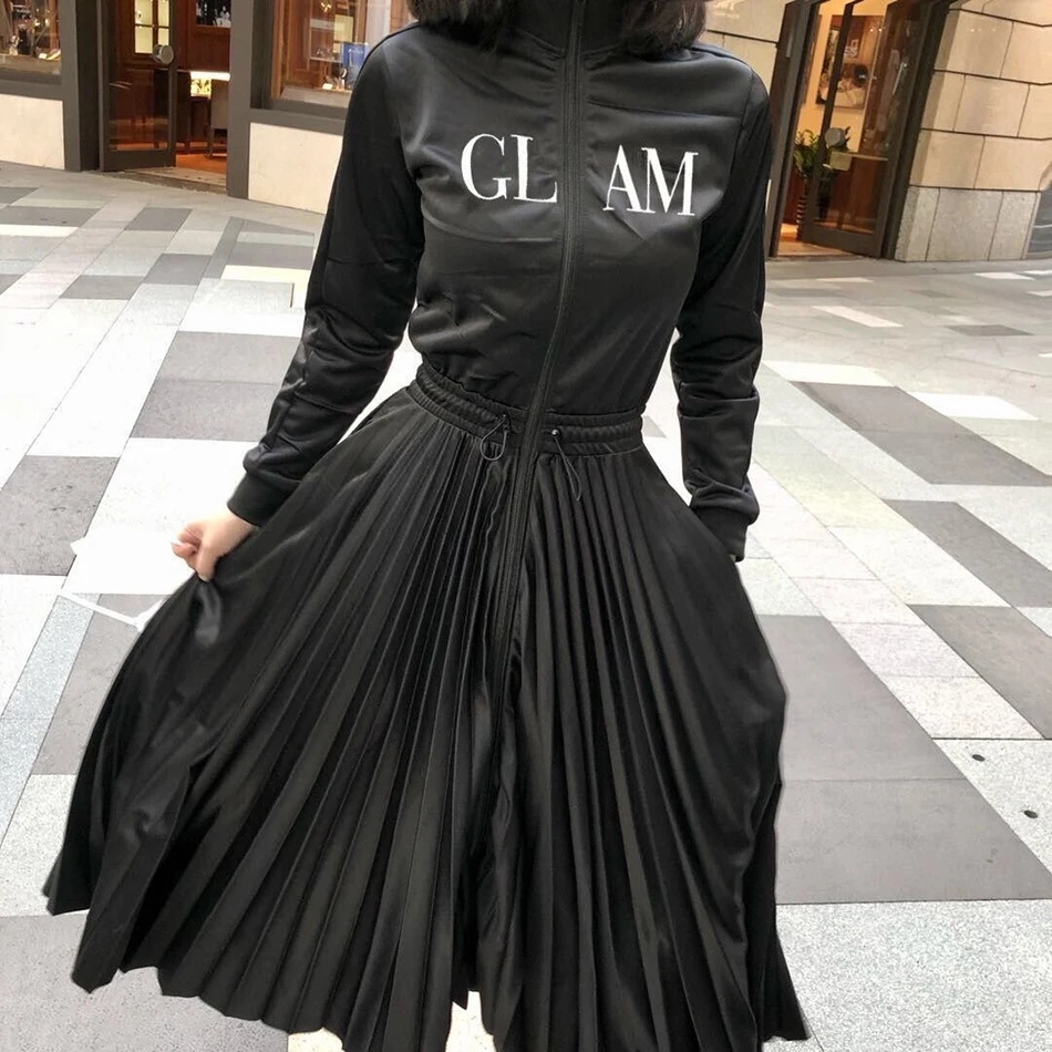 Latest women's spring pleated dress black office elegant long-sleeved stand collar celebrity party Vestidos | Женская одежда