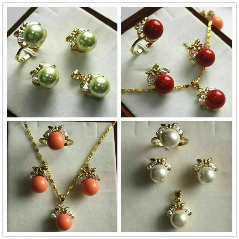 

10mm Round South Sea Shell Pearl Gemstone Earrings Ring Pendant Necklace Set y6
