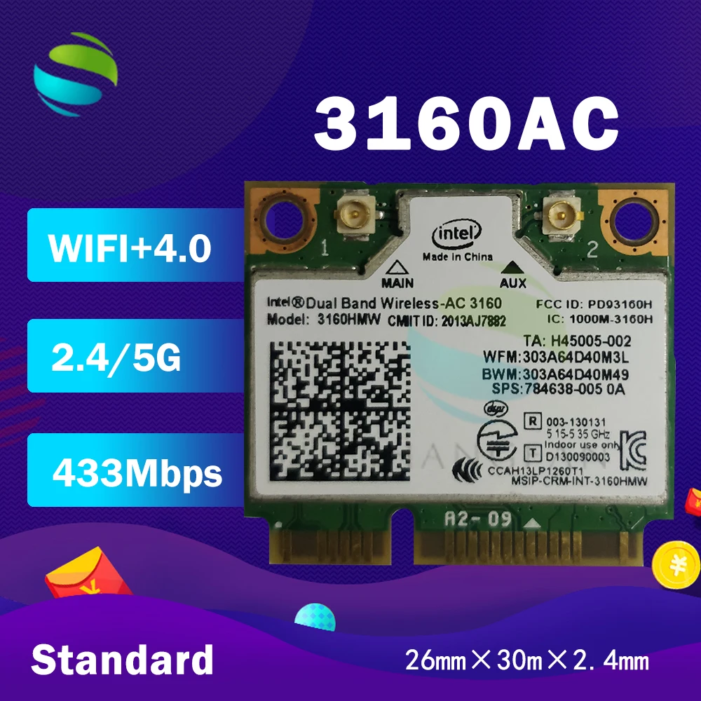Двухдиапазонная беспроводная Wi Fi AC3160 3160HMW AC 3160AC Half Mini PCI e 802 11 ac + Bluetooth 4 0 433 Мбит/с