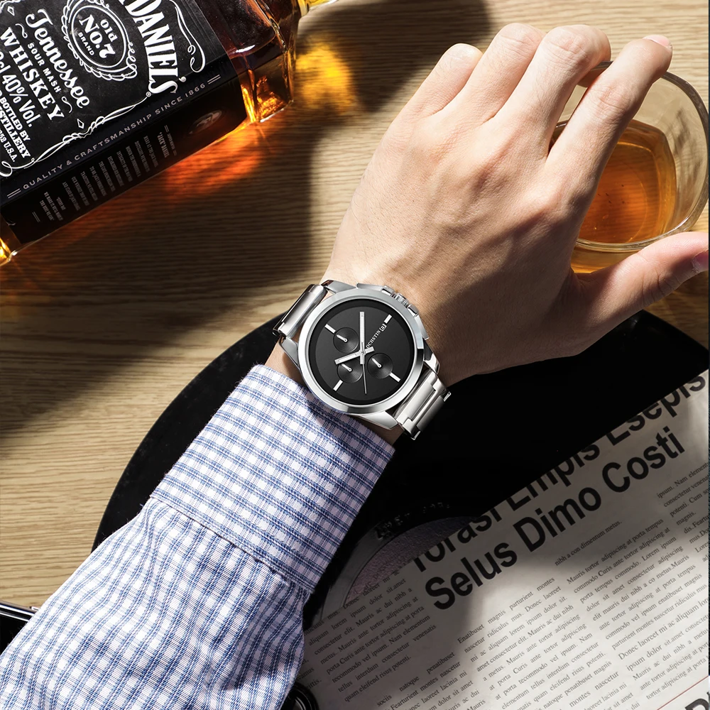 Часы-хронограф мужские Кварцевые водонепроницаемые из нержавеющей стали -