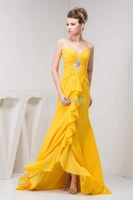 free shipping 2016 design new arrival hot custom crystal evening gown luxury real photo small train yellow chiffon evening dress