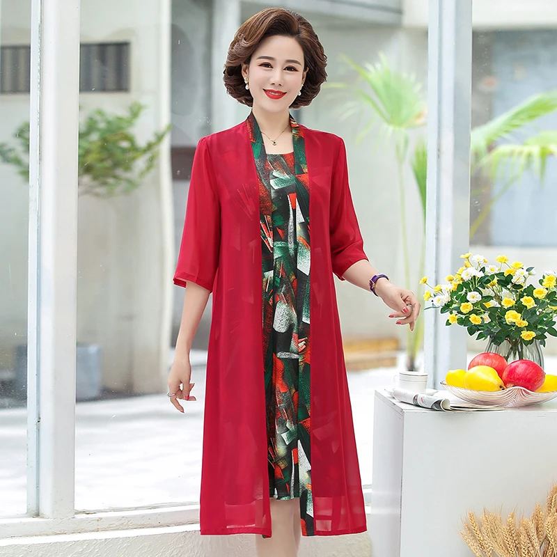 

Women 2020 Plus new Size Two Pieces printing Mother Chiffon Party Bohemian Dress Robe Longue Femme