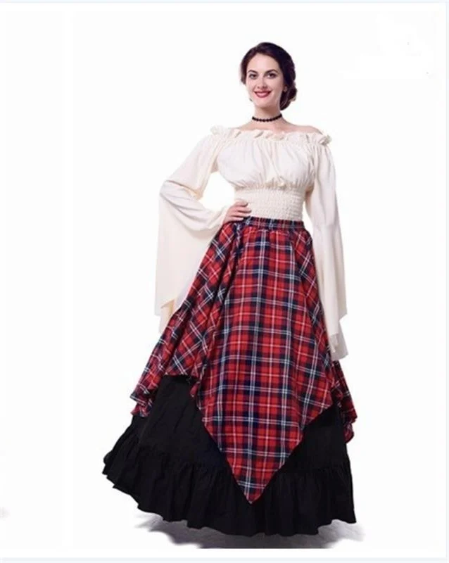 

Women's Medieval Elements Cosplay Princess Dress French Long Sleeve Retro Victorian Steampunk Red Plaid Party Skirt Halloween