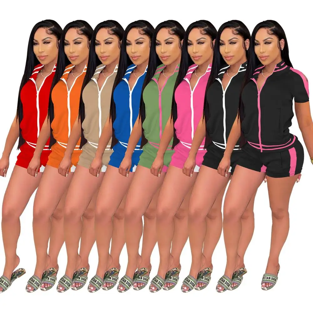 

Womens Casual 2 Piece Tracksuit Block Color Zip Up Sweatshirt Cut Out Cold Shoulder Short Sleeve Short Pants Jogger Shorts Sets