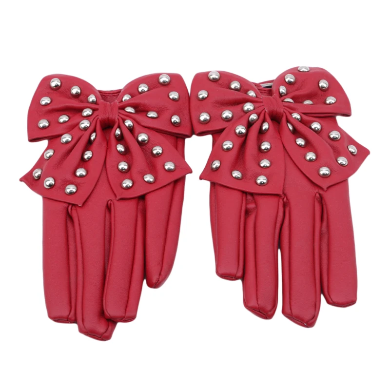 

Hot Selling Winter Motorcycle Lady Rivet Butterfly Bow Soft PU Leather Gloves For Women Black Red High Quality Fashion Accessory