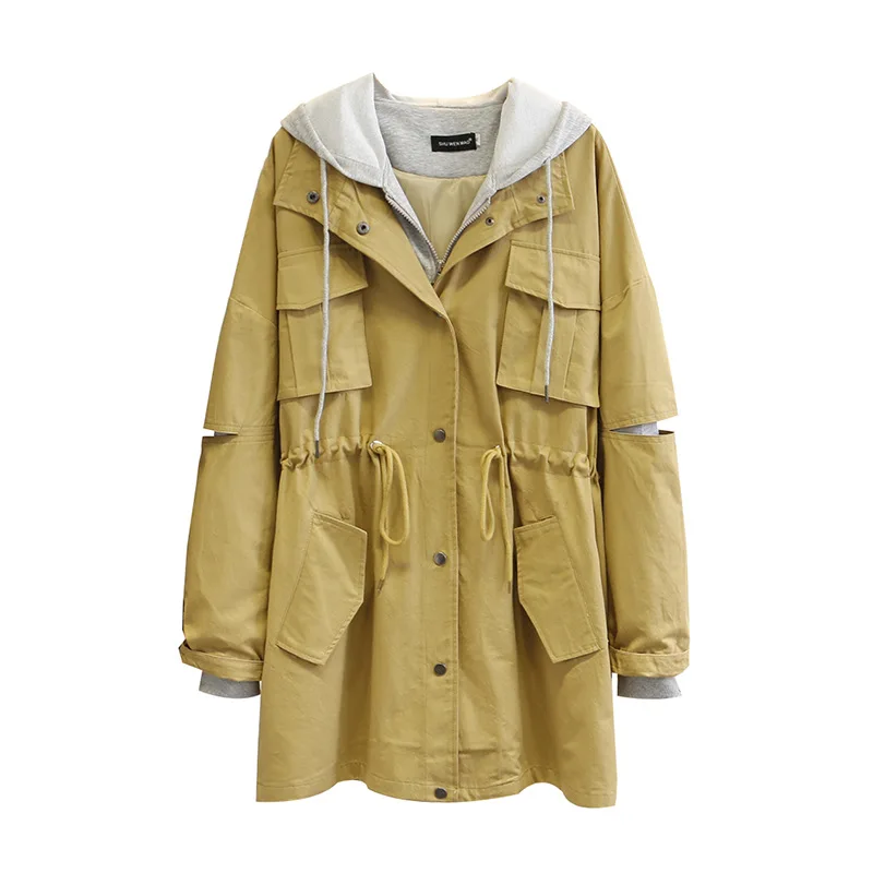Женский весенний Тренч с длинным рукавом на завязках капюшоном молнии пальто