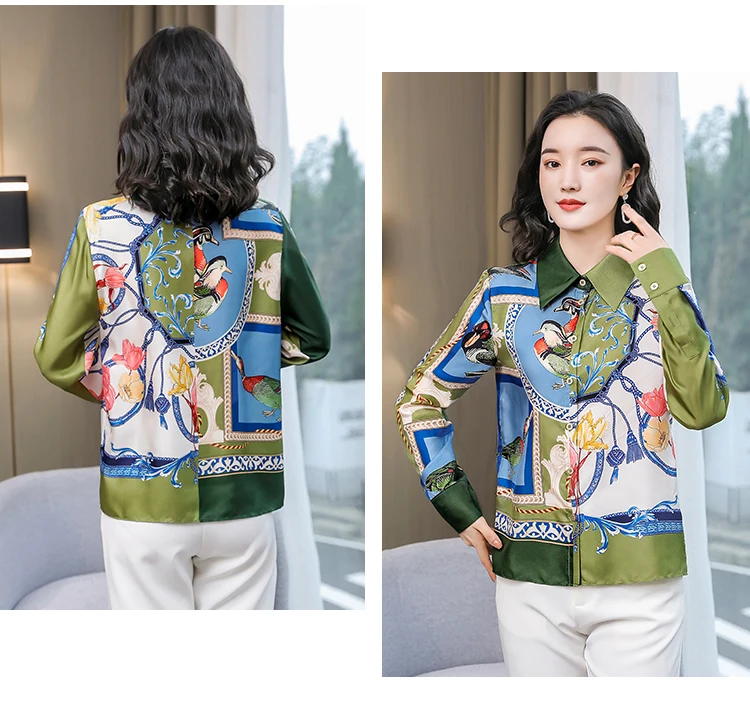 

Spring and Summer Long-sleeved Blouse The New Fashion Casual Lapel Wire Loose Retro Printing Top Button Up Shirt