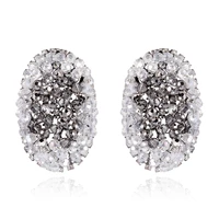 hahatoto oval shape full crystals stud earrings for women girls black gun color plated ear needle earrings trendy jewelry bijoux