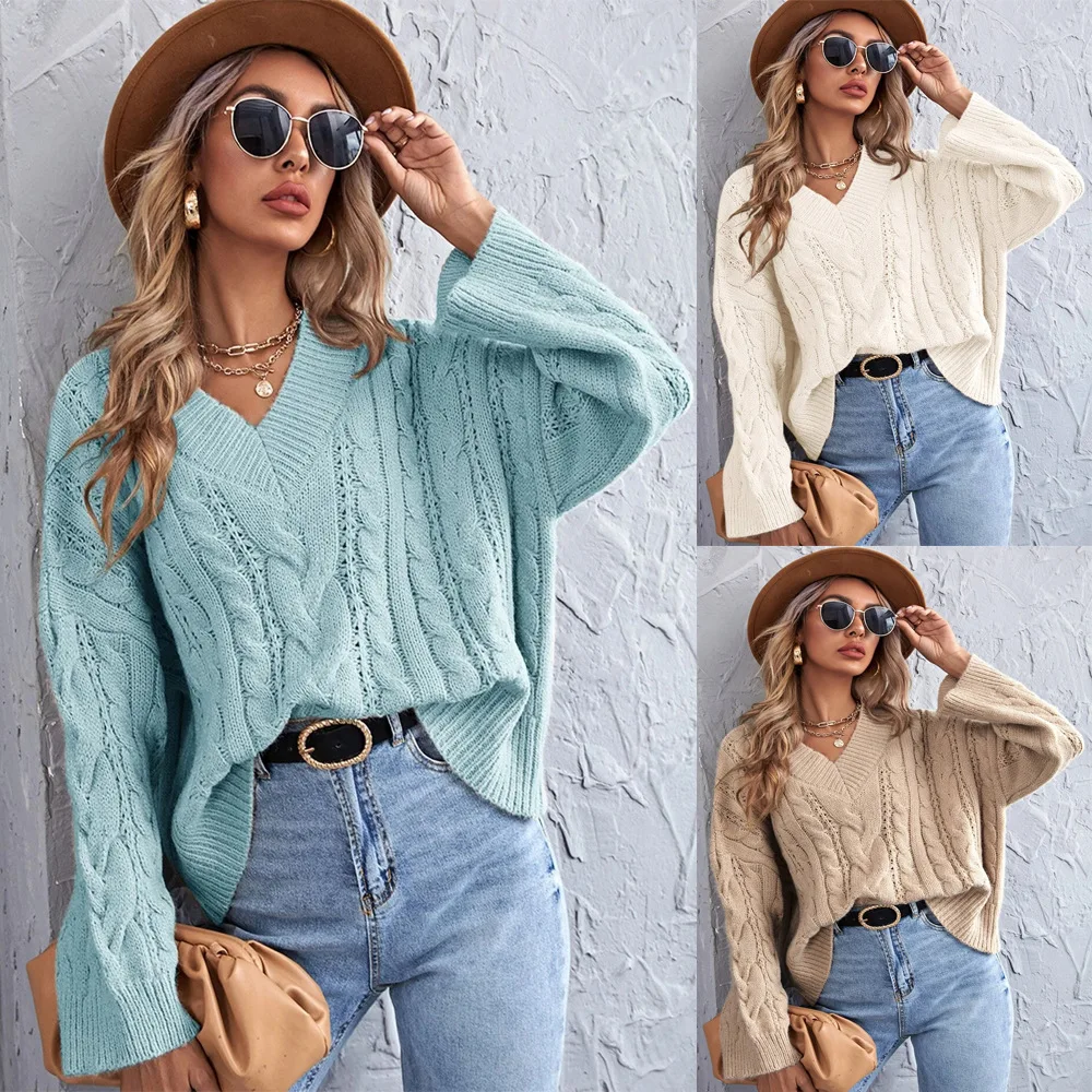

women's sweater 2021 Autumn winter new pure color loose V gets recreational loose knitting pullover long sleeve jumpers