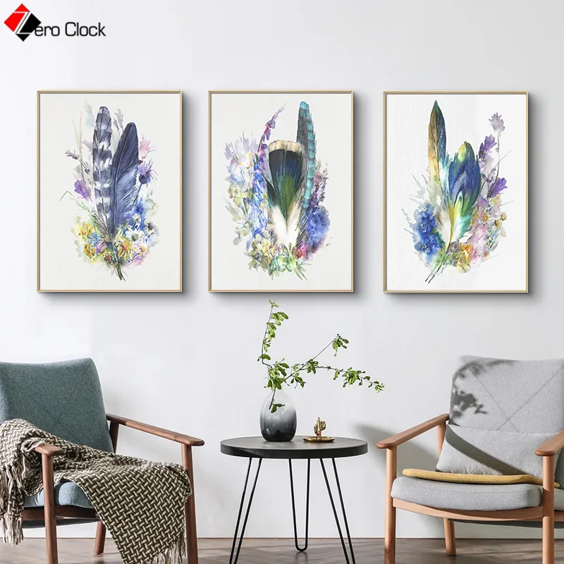 Настенный постер в скандинавском стиле с фиолетовыми перьями растениями цветами