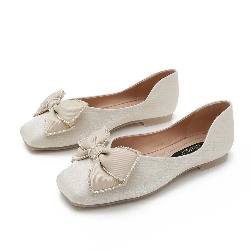 Women Ballet Flat Shoes Bling Crystal Diamond Bow Ballet Flats Ladies Single Shoes Square Toe Pumps Office Lady Big Size Loafers