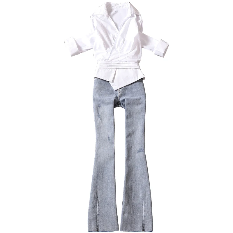 

2020 summer new office lady women jeans sets white blouse and flare denim solid jeans female elegant jeans sets top quality